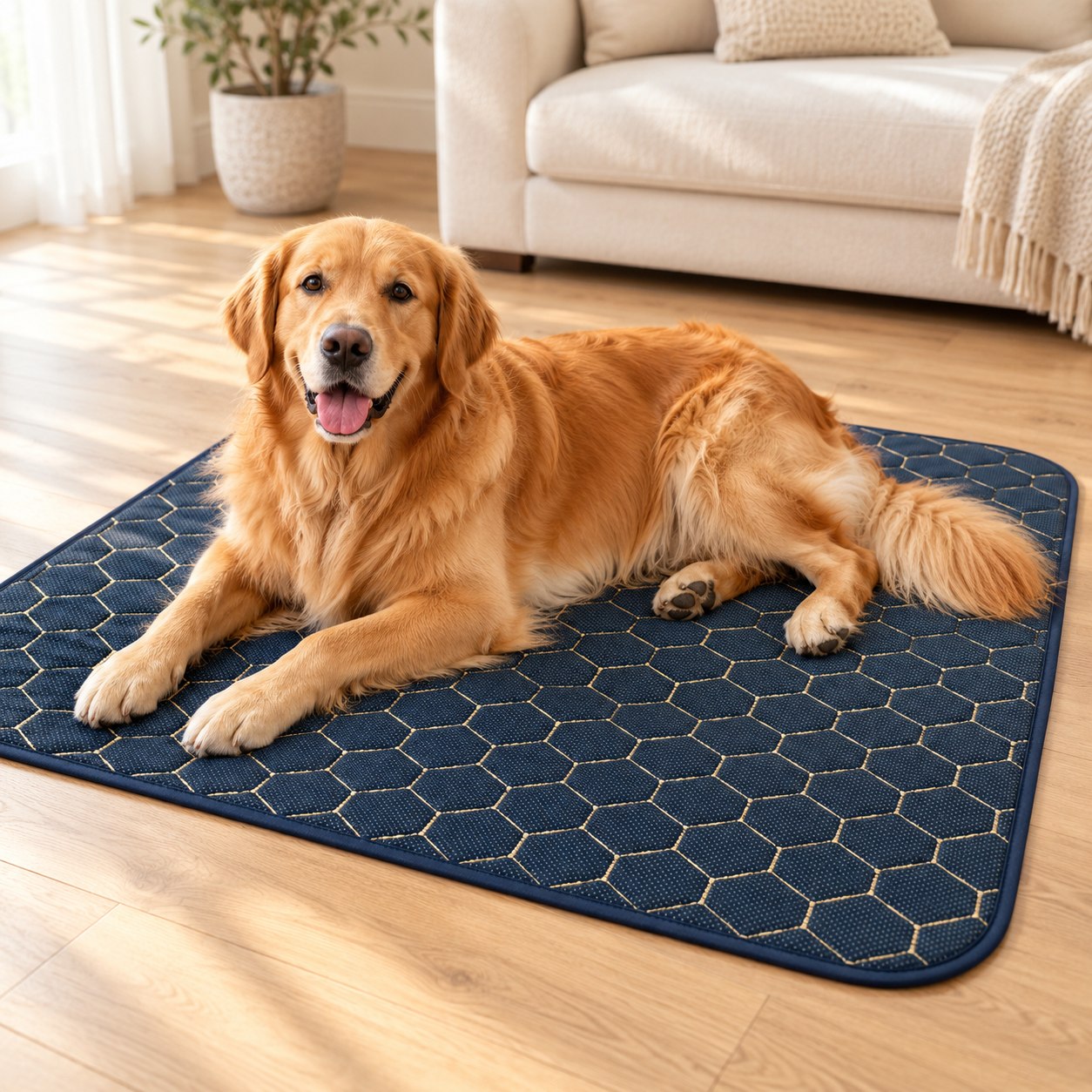 Cena ilustrativa: um cão golden retriever de grande porte deitado em um tapete azul amplo com desenho hexagonal