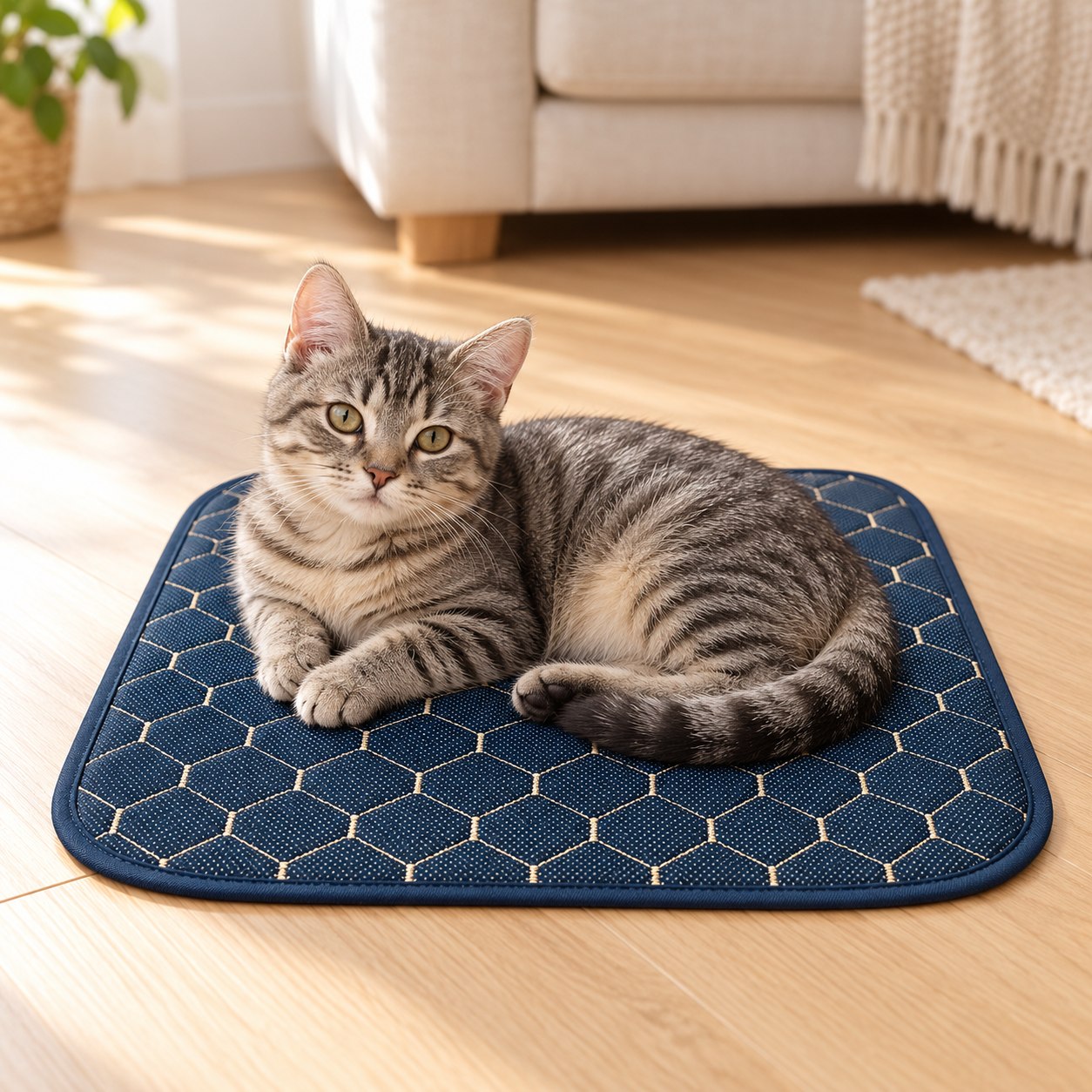 Cena ilustrativa: gatinho deitado em um tapete pequeno azul com desenho hexagonal